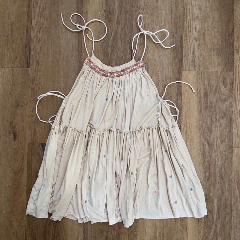 POL Boho Embroidered Tiered Babydoll Tank Top Beige Large Indie hippie‎